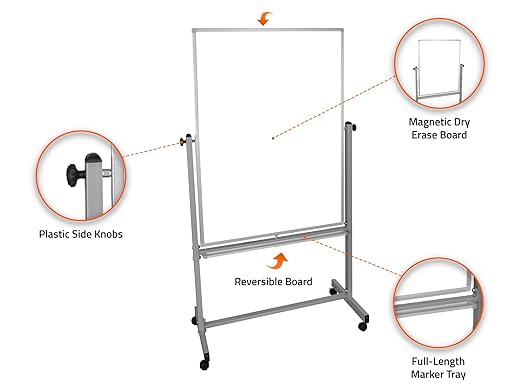 Luxor MB3648WW Mobile Whiteboard, Double Sided Magnetic Dry Erase Board with Stand, 36" x 48" Aluminum Frame Rolling Whiteboard with Casters, White