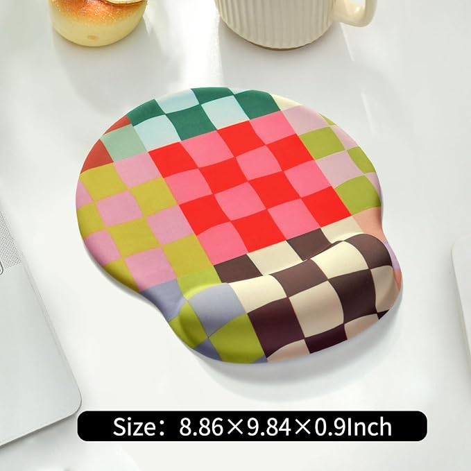 Retro Checkered Mouse Pad with Support Wrist Rest,Cute Funny Boho Ergonomic Mouse Pad with Non-Slip Base for Office Gaming Working Computers,Desk Accessories Pain Relief,Retro Colorful