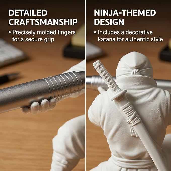 3.5 in Ninja Pen Holder, Ninja Warrior Pen Holder for Desk, Pen Holder with Sword Pens, Large White Ninja Warrior Accessories, Unique Office Desk Organizer