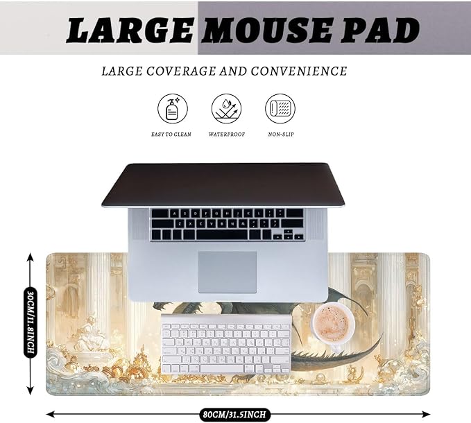 Fantasy Beast Desk Pad Mouse Pad Golden Palace Epic Dragon Large Gaming Mouse Mat with Stitched Edges,Non-Slip Waterproof Rubber Base Mous Mat Office Computer Keyboard Laptop Home 31.5"x11.8"