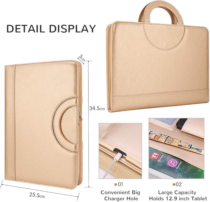 Darolin Zippered Leather Padfolio Portfolio with Hidden Handle and Clipboard, Business Conference Organizer Notepad Folder, Portfolio Bag, Padfolio for Women/Men (Gold)