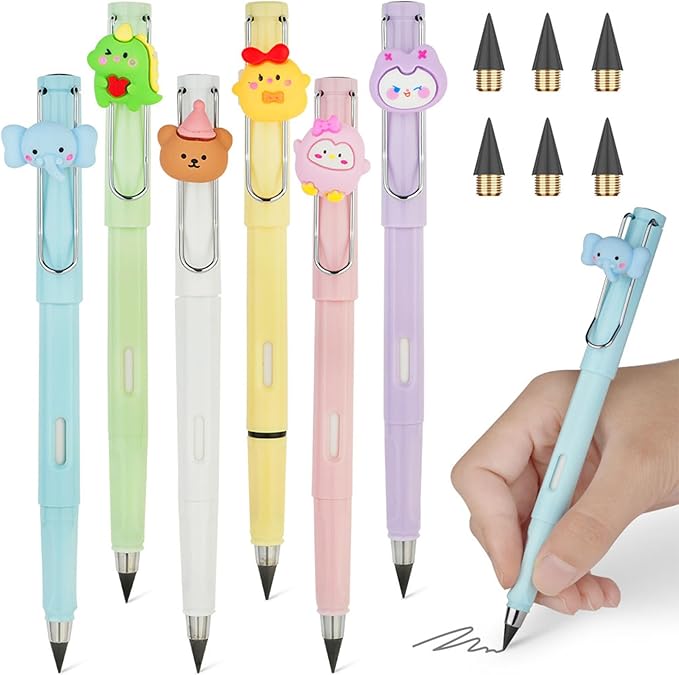 Ainiv 6 Sets Infinity Pencil Reusable Inkless Pencil No Sharpen Everlasting Pencil with Extra 6 Replaceable Nibs and 6 Cute Pencil Cups Infinite Pencil for Writing Drawing Home Office School Supplies