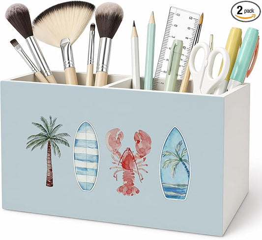Blue Coastal Beach Pen Pencil Holder for Desk Accessories Coastal Beach Office Decor, Tropical Coastal Ocean Palm Tree Surfboard Crawfish Decorative for Home Bedroom Office Desk Tabletop