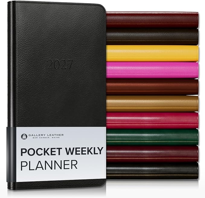 Gallery Leather Pocket Weekly Monthly Planner 2027, Elegantly Bound Calendar Planner and Notebook with Stylish Gold-Gilded Page Edges, 12 Months - Monhegan Black - 6x3.25"