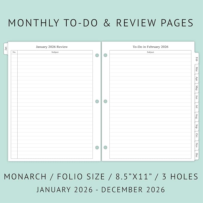 newestor 2026 Monthly Planner Refill for 3 Ring Binder, Jan 2026 - Dec 2026, Two Pages Per Month, 8-1/2" x 11", Monarch/Folio Size 5
