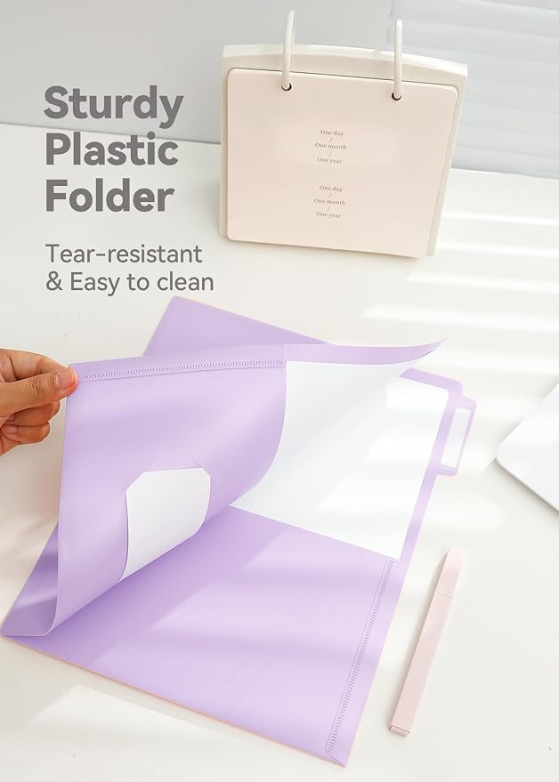 SortRax Plastic Folders with Pockets, 6 Pack Purple Folders for School, Unique 1/3 Cut Tabs with Colorful Labels, Letter Size