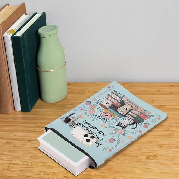 Floral Cute Cat Book Sleeve, Book Lovers Gifts Sleeve with Zipper & Front Pocket, 11.4x8.8 Inch Canvas Books Cover Protector Bookish Gift for Readers Librarian Women Teacher, Cat Lover Gifts for Women