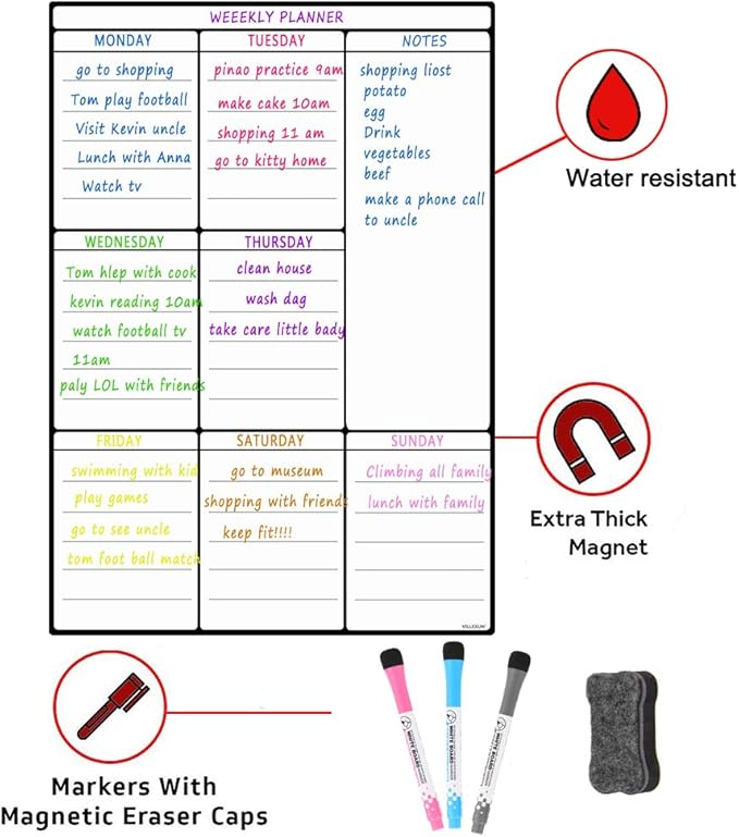 A3 Dry Erase Weekly Planner Board - 16" x 12" Magnetic Whiteboard for Daily, Weekly, and Monthly Scheduling, Chore Chart, Fitness, Meal Prep, and More for Pets, Kids, and Adults