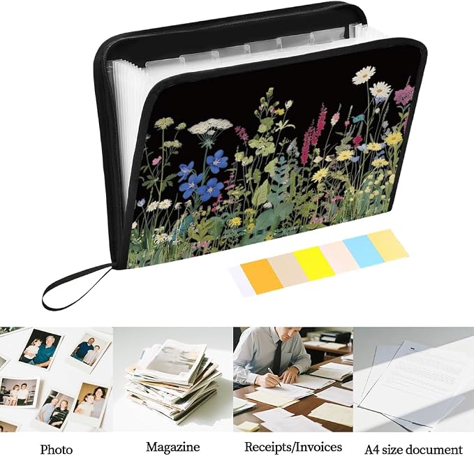 WEBEEDY Flower Expanding File Folder 13 Pockets Dark Background Wildflower Accordion File Folder with Labels and Zipper, Portable Expandable Document Organiser for A4 Paper Photo Receipt Paperwork