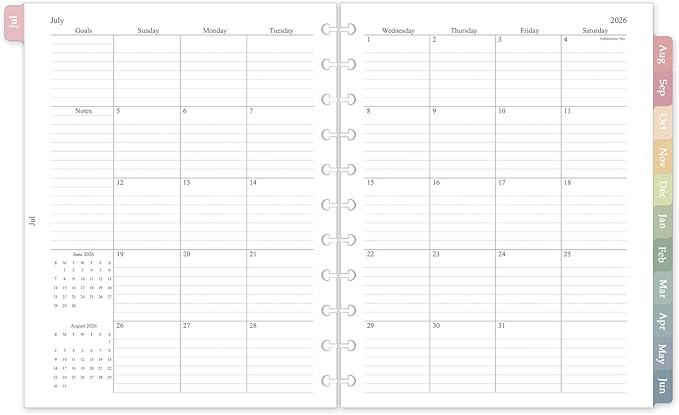2026-2027 Monthly Planner Refill, Jul. 2026 - Dec. 2027, A4 Letter Size Planner Inserts for 11-Disc Discbound, 8.5"x11", 18 Monthly Calendars with Colorful Laminated Tabs