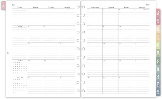 2026-2027 Monthly Planner Refill, Jul. 2026 - Dec. 2027, A4 Letter Size Planner Inserts for 11-Disc Discbound, 8.5"x11", 18 Monthly Calendars with Colorful Laminated Tabs