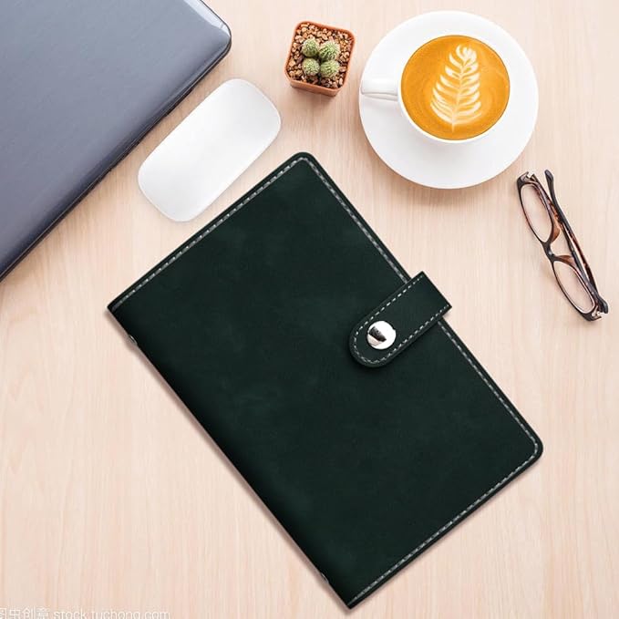 A6 PU Leather Notebook Binder Refillable 6 Ring Planner Cover with Dividers Pockets Travel Journal Folder Soft Cover Loose Leaf Binder Protector for Meeting Filler Paper Cash (Dark Green)