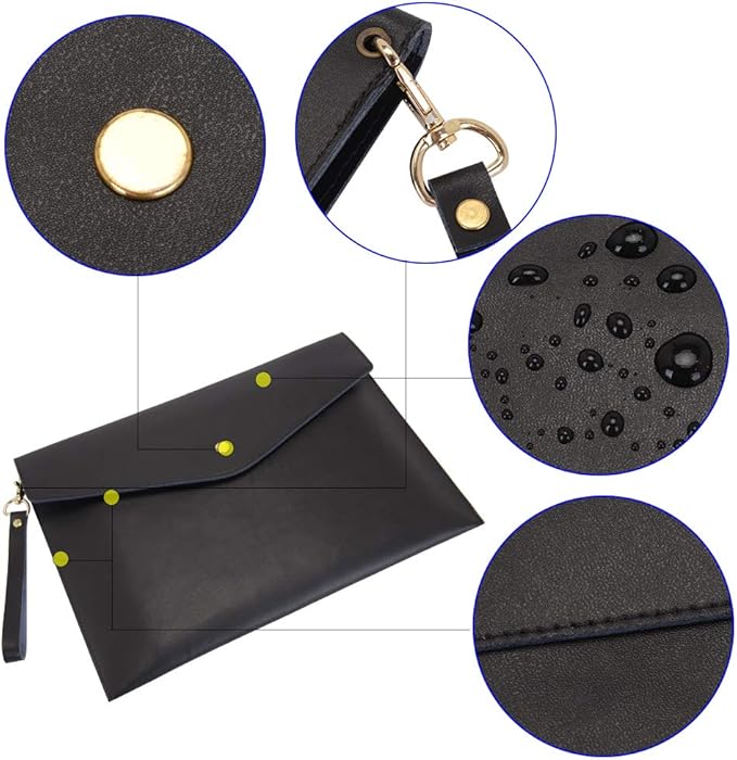 Wonderpool A4 Envelope File Holder -Lightweight Real Leather Multifunction Portfolio for Paper Document Stationery Organizer and Tablet Case PC Sleeve (Black)