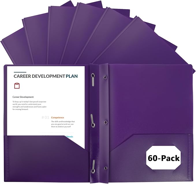 60-Pack Plastic Folders with Pockets and Prongs, 2-Pocket Poly Folders with 3 Fasteners Holds 8-1/2" x 11" Paper for School/Office/Home, Purple