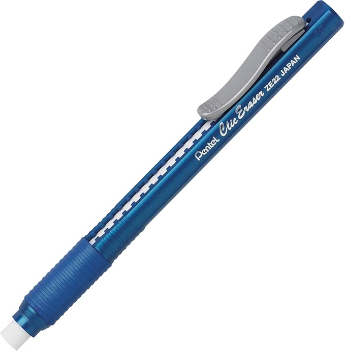 Pentel Clic Retractable Eraser with Grip, Assorted Barrel Colors, Pack of 3 (ZE21BP3K6)
