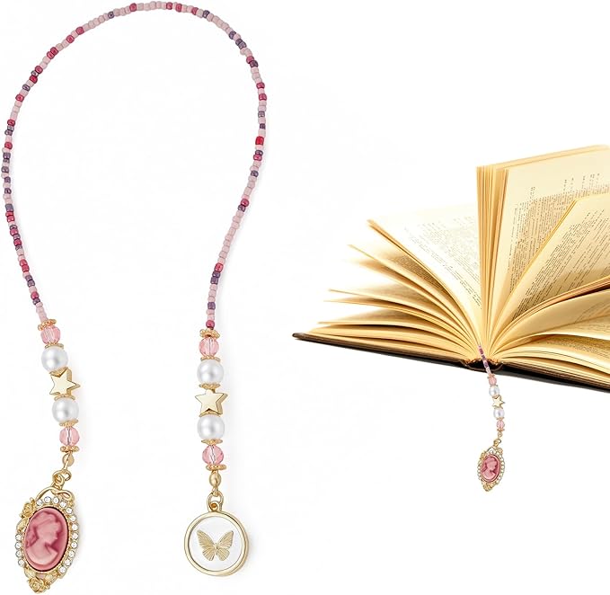 Vintage Cameo Beaded Bookmark - Pink Gold Beads Book Mark with Butterfly for Women, Unique Aesthetic Accessories Bookish Gifts for Booklovers Students Teachers