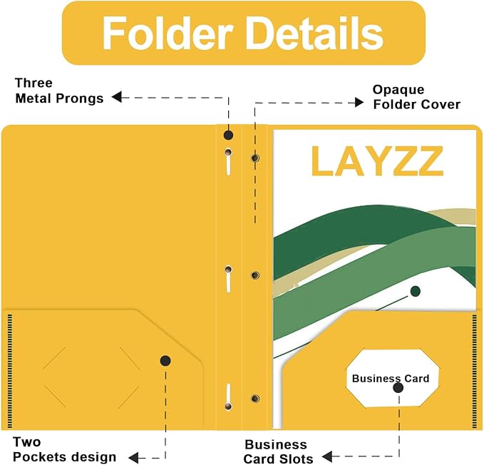 Two Pocket Folders with Prongs, LAYZZ 60 Pack Poly Plastic Folders, Heavy Duty Plastic Folders with Pockets and Prongs, Letter Size, for Offices and Schools (Yellow)