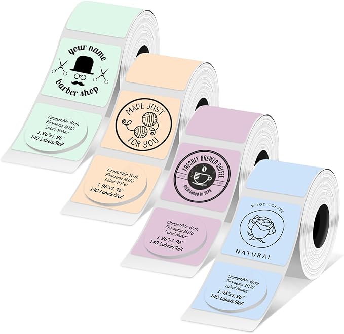 Round Circle Thermal Label Compatible with Phomemo M100/M110/M150/M221/M220/M120/M200/M250 Label Printer,1.96" x 1.96"（50x50 mm, 140 Labels/Roll, Black on Pink & Blue & Khaki & Green,4 Rolls