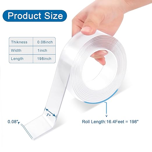 Heavy Duty Double Sided Mounting Tape, 1" x 198", Traceless and Removable Nano Tape for Outdoor and Indoor, Strong Adhesive Clear Two Sided Gel Grip Tape (16.4 FT)