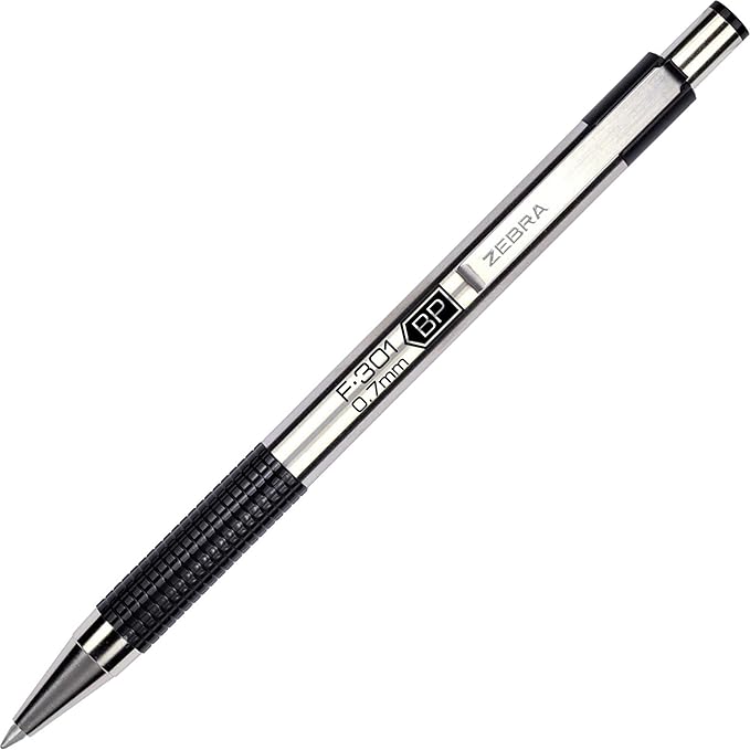Zebra Pen F-301 Ballpoint Black Ink Fine Point 0.7mm Pen, Easy-Glide Ink, Stainless Steel Retractable, Non-Slip Grip, Professional Design, Ideal for Office, Journal and Planner Use, 12-Pack (27110)