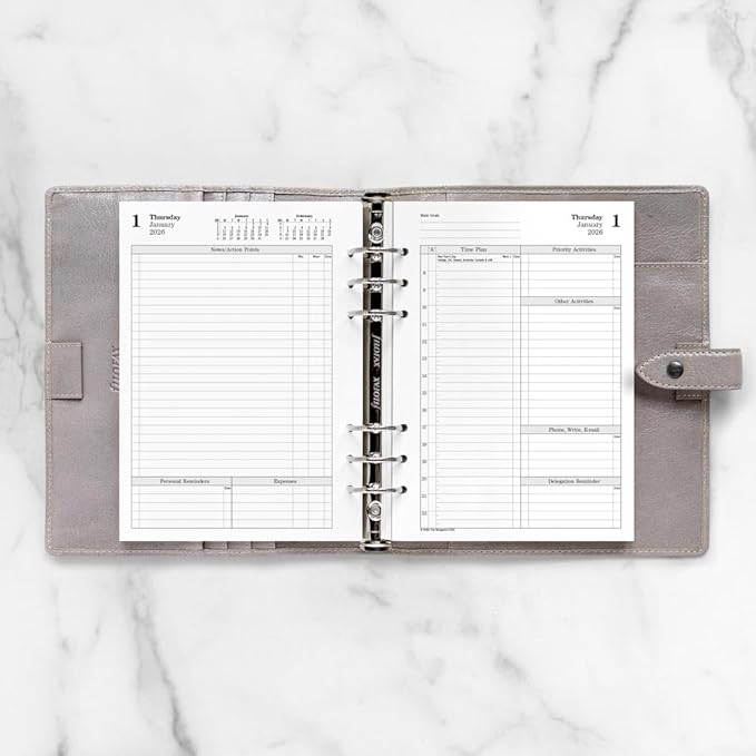 Filofax Calendar Diary Refill, A5 Size, One Day on Two Pages with Appointments, Time Management, White Paper, English, 2026 (CTM7031-26)
