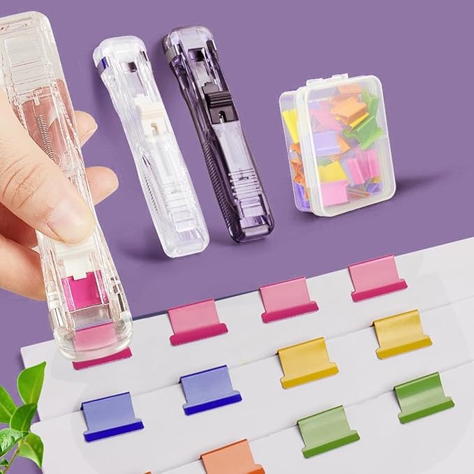 Portable Binder Clip Stapler - Includes 100 Reusable Clips, No Staples, No Holes,Push Clip Paper Clam Dispenser, Reusable Desktop Stapler for Document Home School (2-C)