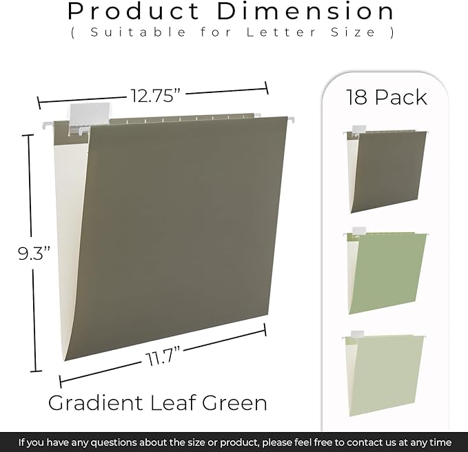 Y YOMA 18 Pack Gradient Hanging File Folders Letter Size Decorative Hanging Folder Pretty File Folder Organizer for Filing Cabinet Office Home with 1/5-Cut Adjustable Tabs, Leaf Green