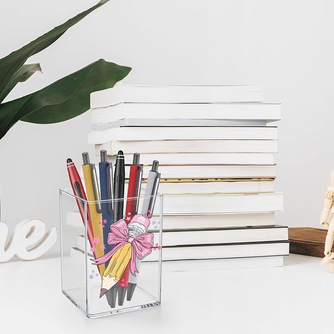 Pink Bow Girly Teacher Acrylic Cosmetic Pencil Pen Holder Cup Best Teacher Gifts Idea Yellow Pencil Cute Decor for Home Office Desk Vanity Organizers and Accessories