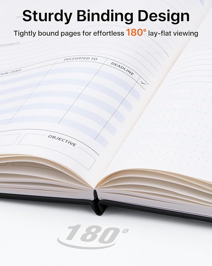 WEMATE Meeting Notebook for Work, Work Planner Notebook With Action Items, B5 Size Project Planner, Easily Take Meeting Notes & Keep Agendas on Track, Calender, Index Page, Inner Pocket, 7×10 Inch, Black