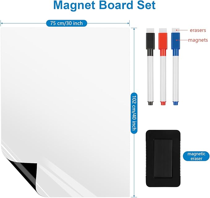 Magnetic Fridge White Board Paper, 40" x 30" Large Dry Erase Board Sheet for Organizer and Planner, Kitchen Refrigerator Whiteboard for Family to-do List, Includes Markers and Eraser