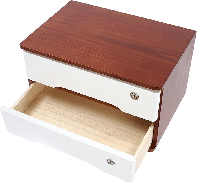 2 Drawers Wooden Desktop Storage Box,Small File Cabinet with Locks,Office Supplies A4 Filing Organizer for School,Classroom,Walnut,White