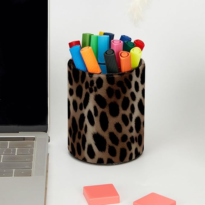 Leather Pen Holder for Desk, Leopard Print Makeup Brushes Holder Pencil Cup Multifunctional Desktop Organizer Caddy for Home School Office Desk Accessories