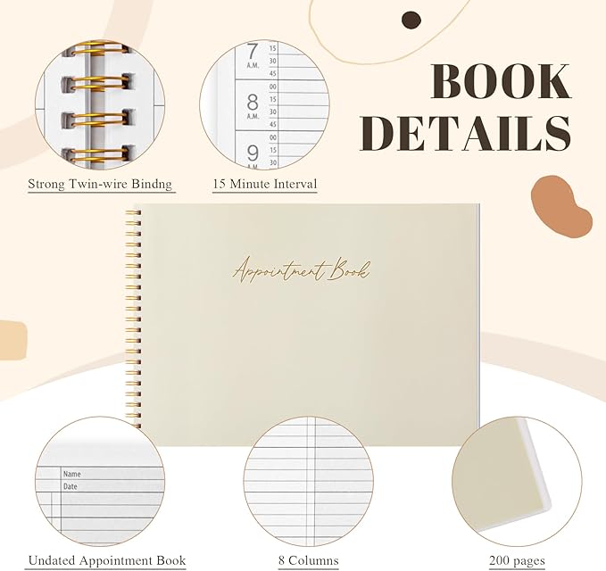 Maitys 2026-2027 Large 8 Column Salon Appointment Book 11.46 x 16.26 for Hairstylist Spa Business, Hourly Planner 15 Minute Interval, 200 Pages Undated 6 Am 9 Pm Spiral Bound Checklist Planner