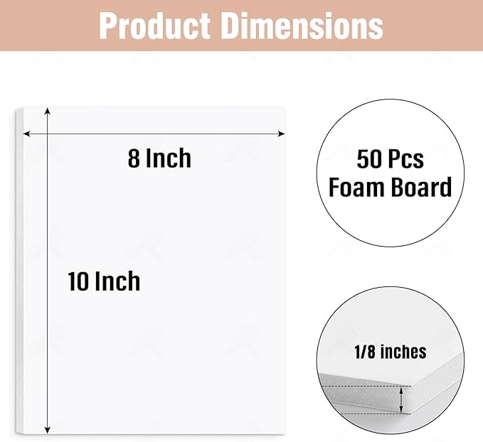 Golden State Art, Pack of 50, Foam Core Backing Boards (1/8" Thick, 8x10 White)