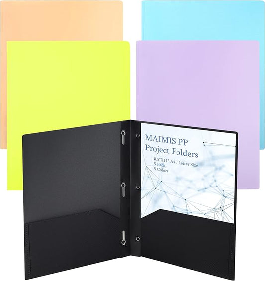 Plastic File Folders with Pockets - (5 Pack, Assorted Colors) Heavy Duty 3 Hole Two Pocket Folder with Pockets 3 Prong Folders A4 Letter Size Colored Plastic Folders for School Office Home