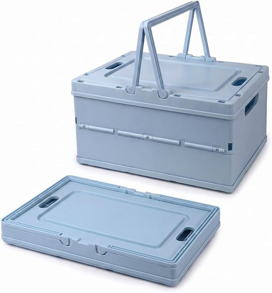 Collapsible Storage Crate, Foldable Plastic Basket with Lid and Handle, Foldable Storage Box Crate Bin for Home Kitchen Office Bathroom Bedroom Pantry (Blue, 2-Pack)