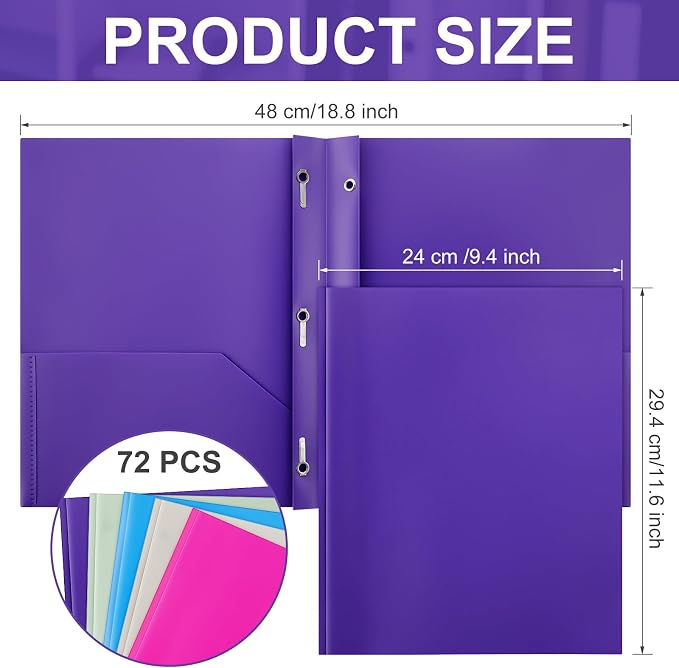 Cholemy 72 Packs Pocket Folders with Prongs Heavy Duty Plastic Folder with Business Card Slot 3 Prong Fasteners for School Office (Soft)