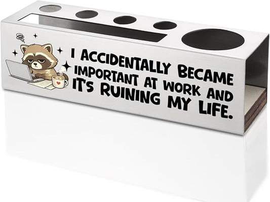 FOKCBOCM Funny Office Pen Holder with Sarcastic Quote, Stainless Steel Desk Organizer Gift for Coworker, Manager, Employee Humor Workspace Decor, Work Stress Joke Accessory-DS111