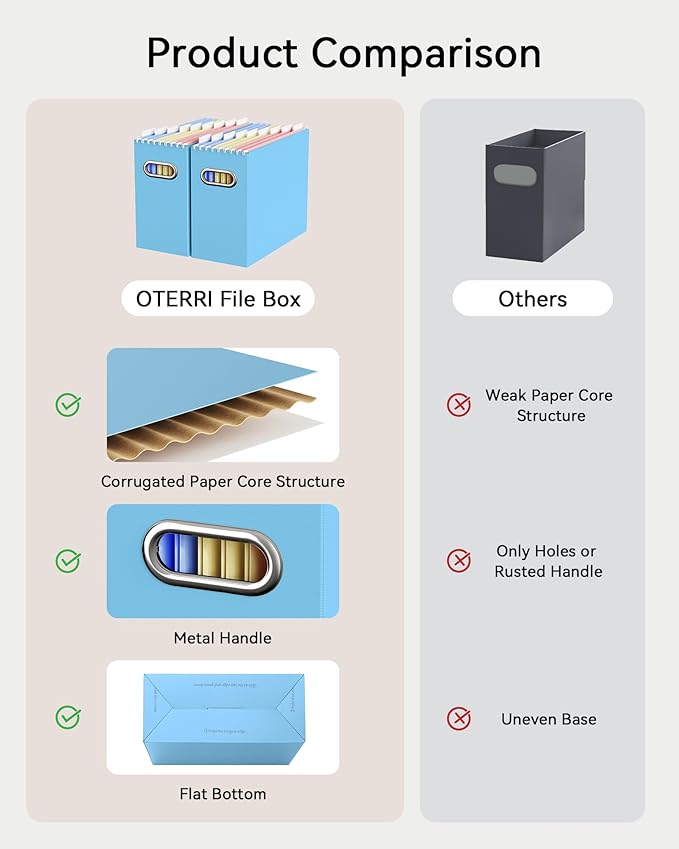 Oterri File Organizer Box, Portable Collapsible Cardboard File Folder Organizer with Handle for Letter Size Hanging Files, Document Storage Box for Home Office & Classroom (4 Packs, Mixed Colors)