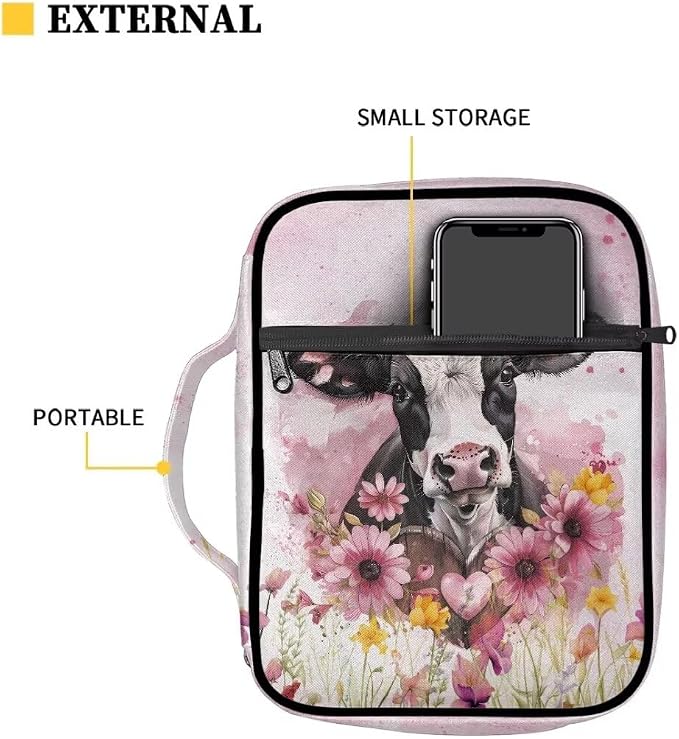 Coldinair Cow Bible Cover Case for Women,Pink Floral Carrying Book Cover Bible Holders with Handle and Zippered Pocket,Fits for Standard/Large Size Bible