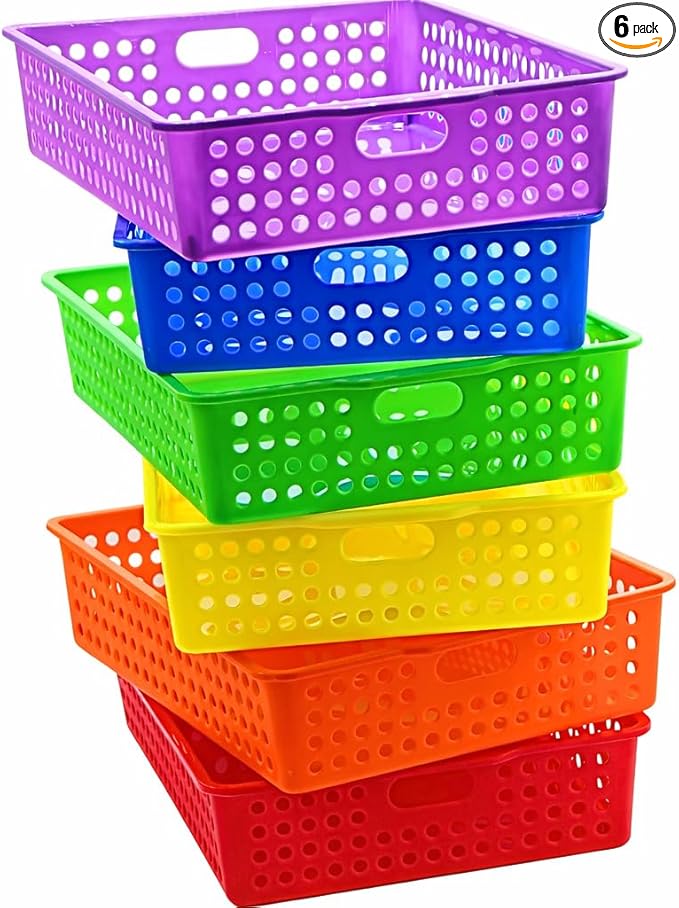 4E's Novelty 6 Pcs Colorful Plastic Classroom Storage Bins 13.75" X 10.25" for Organizing A4 Papers Trays, Turn In Containers Kids School Teachers Classroom Organization & Storage Supplies