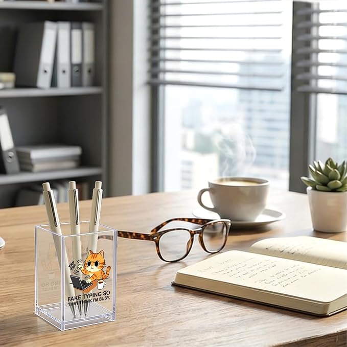 Tap Tap Fake Typing So They Think I'M Busy Acrylic Organizer Pencil Pen Holder, Cute Cat Office Desk Accessories Holder for Women HR Coworker Friend, Sarcastic Gifts for Coworker Accountant