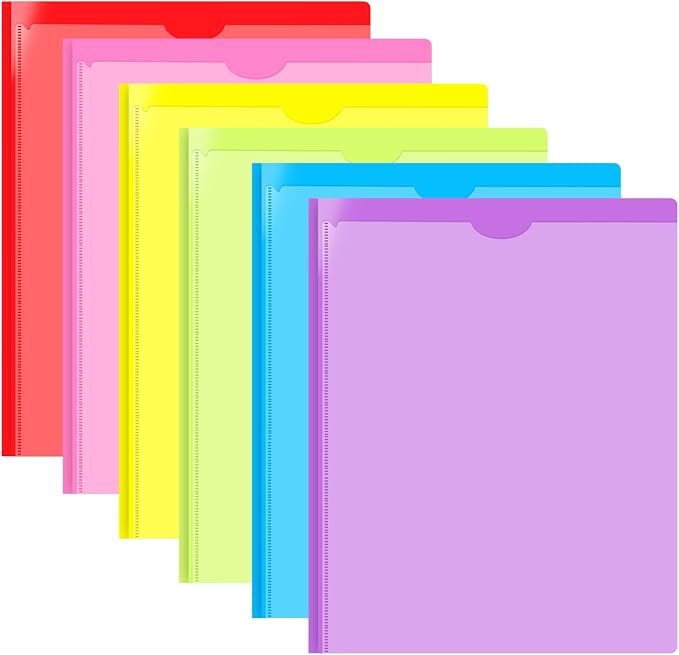 Heavy Duty Plastic Folder with Clear Front Pocket and Prongs -6 Pack, Assorted Colors 3 Prong Folders with Pockets and Card Slot for Letter Size Paper