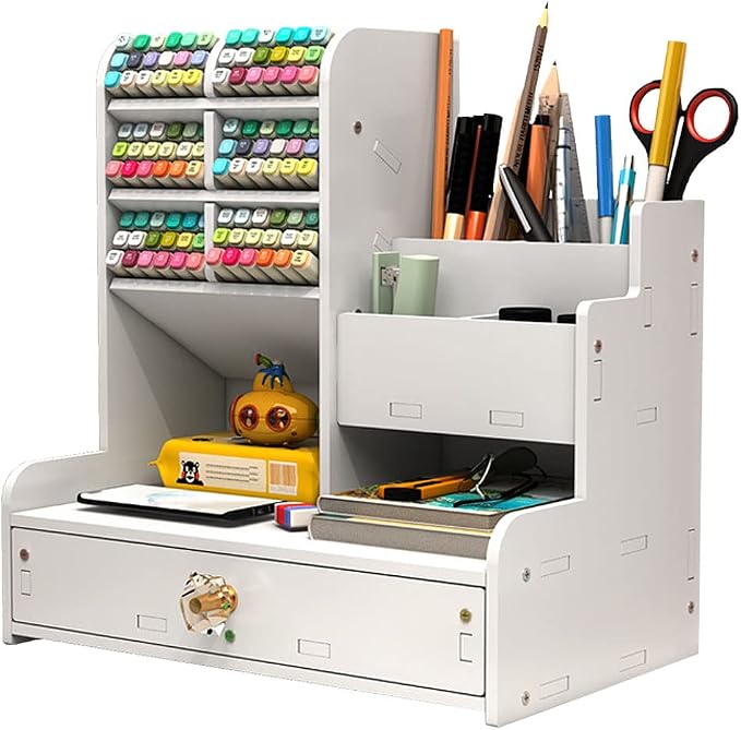 Hggzeg White Pen Organizer with Drawer, DIY Pencil Holder Desk Tidy Caddy Office Stationery Desktop Organiser for Home, Office and School (PB17 White)