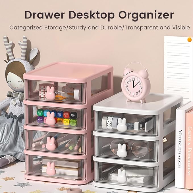 4-Tier Desk Storage Box, Transparent Plastic Organizer with Bunny Handles, Large Capacity Multi-Level Drawer for Books, Pens, Office Supplies, Perfect for Home, Office, or Study