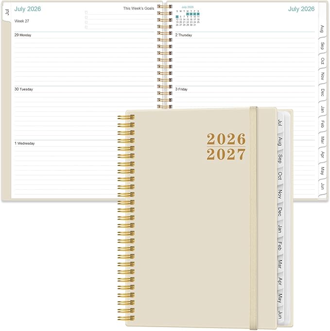 Planner 2026-2027 For Women & Men - Monthly and Weekly Calendar Planner from July 2026 - June 2027, Student Planning with 12 Tabs for Office School Supplies, Inner Pocket, 8.5" x 11", Beige