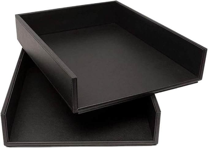 Armory by Castle - Leatherette Two Stackable Paper Trays Desk Organizer - Clutter Organizer for Home, Office, Personal, and Employee Files (Two Paper Trays - Stackable)