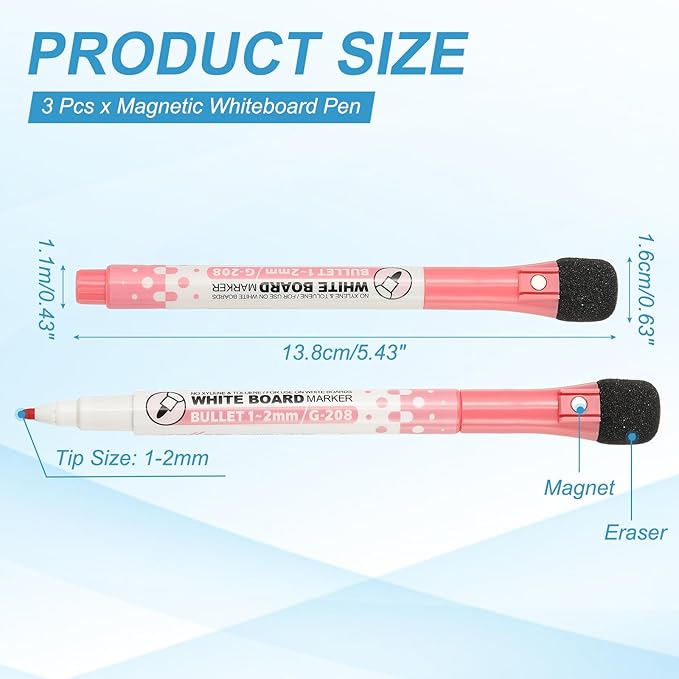 PATIKIL Magnetic Whiteboard Pen, Fine Tip Dry Erase Red White Board Markers with Eraser Whiteboard Calendar Supplies for Classroom Office, 3 Pcs, 1-2mm Tip