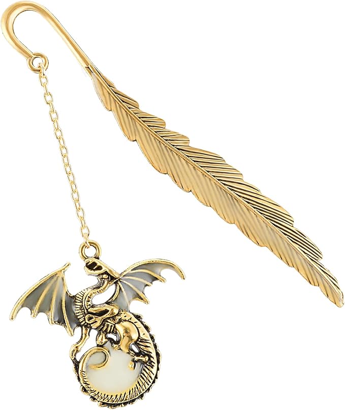 Jeffdad Feather Dragon Bookmark - Glow in The Dark Fantasy Bookmark Gifts for Women & Men (Gold Dragon)