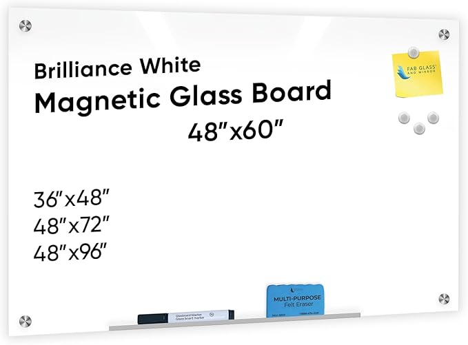 White Surface Dry Erase Glass Board, Frameless Magnetic Glass Board for Wall 48"x60" with Marker, Magnets, Marker Tray, Eraser for Office & Home by Fab Glass and Mirror